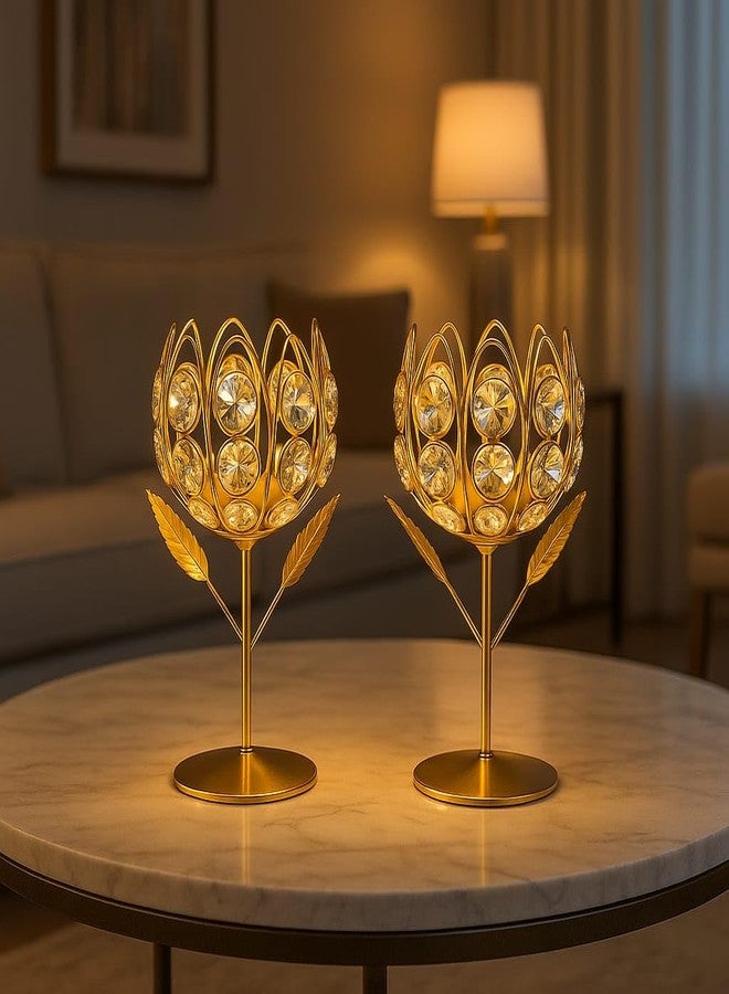 CentraLit حامل شموع الشاي الكريستالي الذهبي من سنتراليت، طقم من قطعتين، حامل شموع الشاي على شكل وردة، حامل شموع نذرية على شكل زهرة اللوتس، لتزيين المنزل، هدايا ديوالي ديا بوجا (طقم من قطعتين) - Image 5